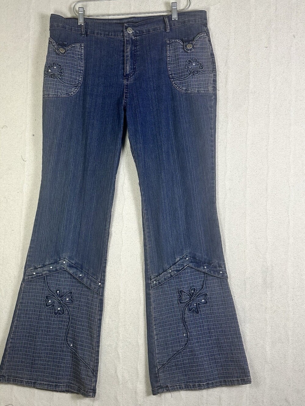 Y2K Bootcut Boho Grid Patchwork Med Blue Wash Pink Undertone Western 38 Flaw